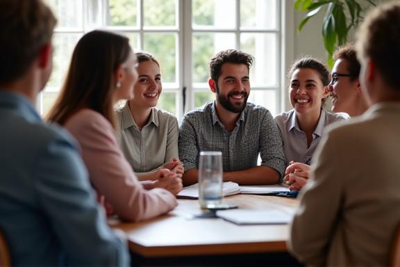 Grupo de personas diversas conversando y apoyándose mutuamente.